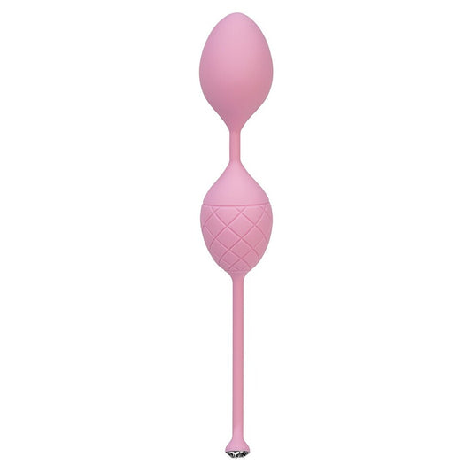 Two pink pleasure balls with a textured surface and a crystal-accented handle, designed for Kegel muscle exercise.