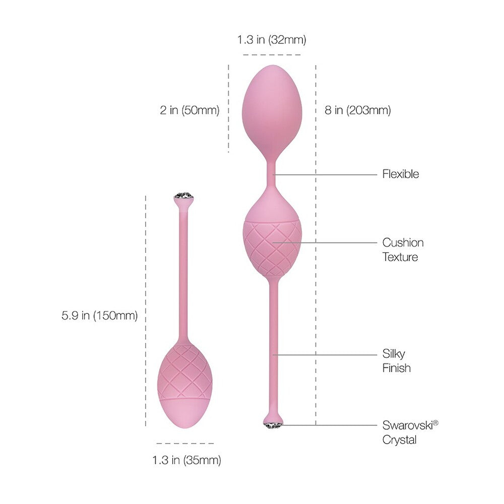 Two pink pleasure balls with a textured surface and a crystal-accented handle, designed for Kegel muscle exercise.