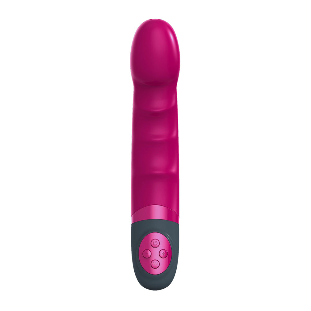 A pink, semi-realistic G-spot vibrator with a rounded tip and dual motors, one at the top and one at the bottom.