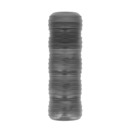 Gray cylindrical object with ribbed texture on a white background