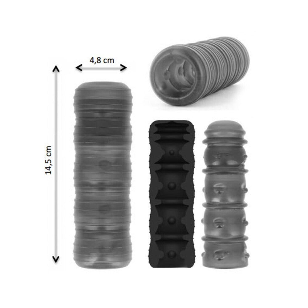 Black and gray textured cylindrical objects with measurements on a white background