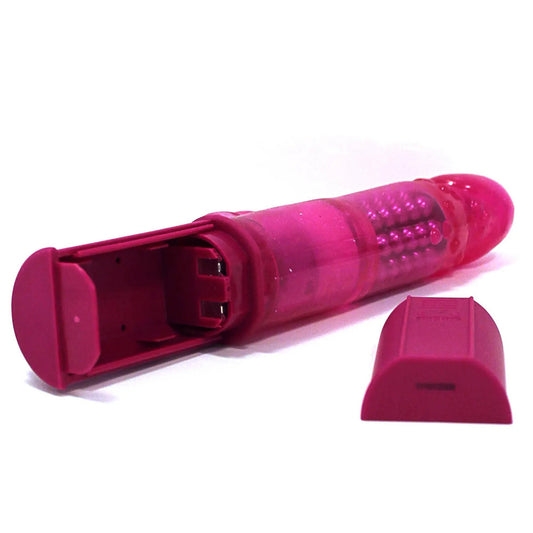 A pink Dorcel Orgasmic Rabbit Vibrator with a special G spot swiveling head, rotating balls, and clitoral stimulator.
