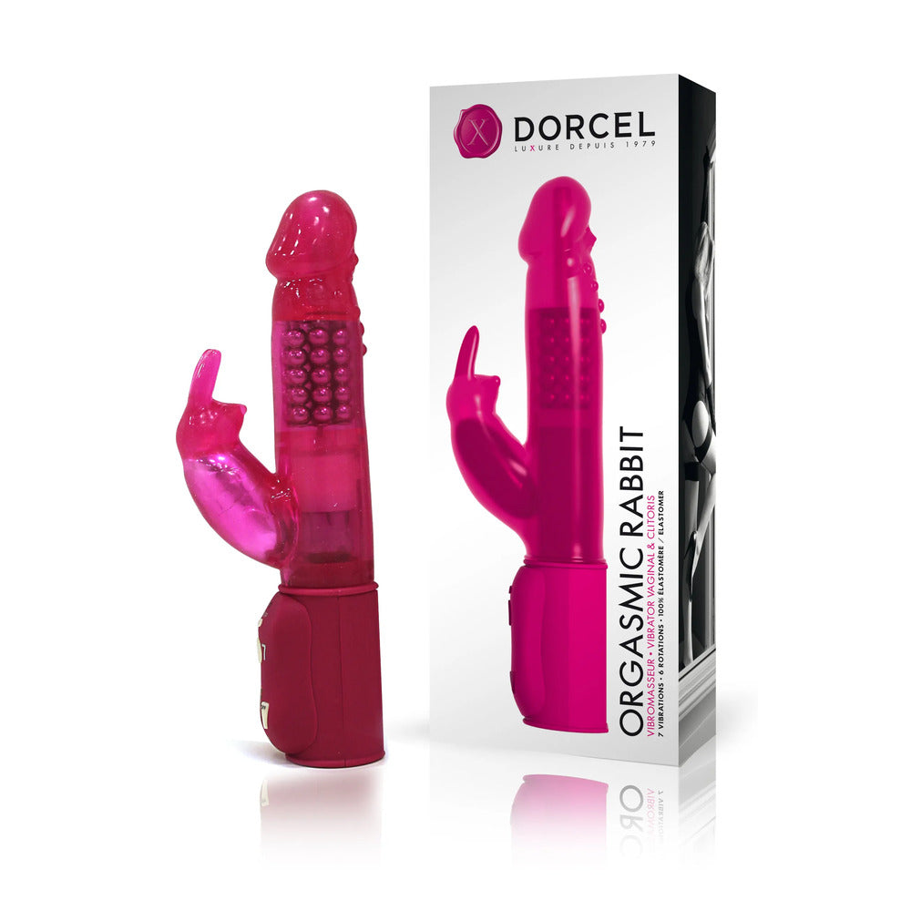 A pink Dorcel Orgasmic Rabbit Vibrator with a special G spot swiveling head, rotating balls, and clitoral stimulator.