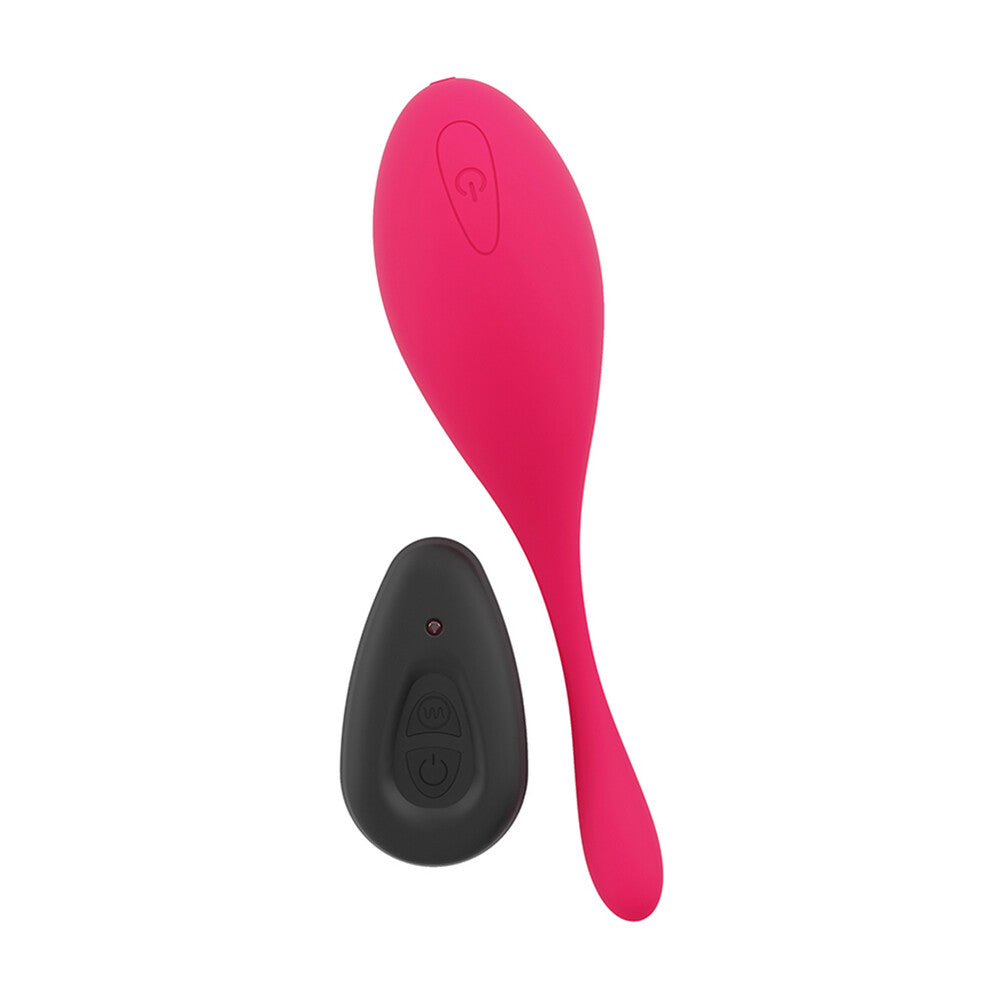 A pink, egg-shaped vibrator with a remote control, featuring a sleek and simple design.