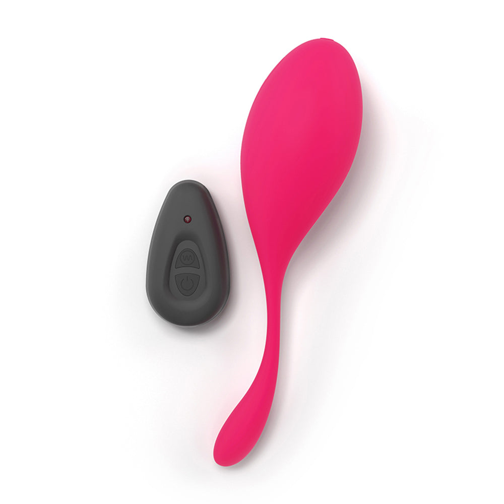 Pink curved object with a black component on a white background