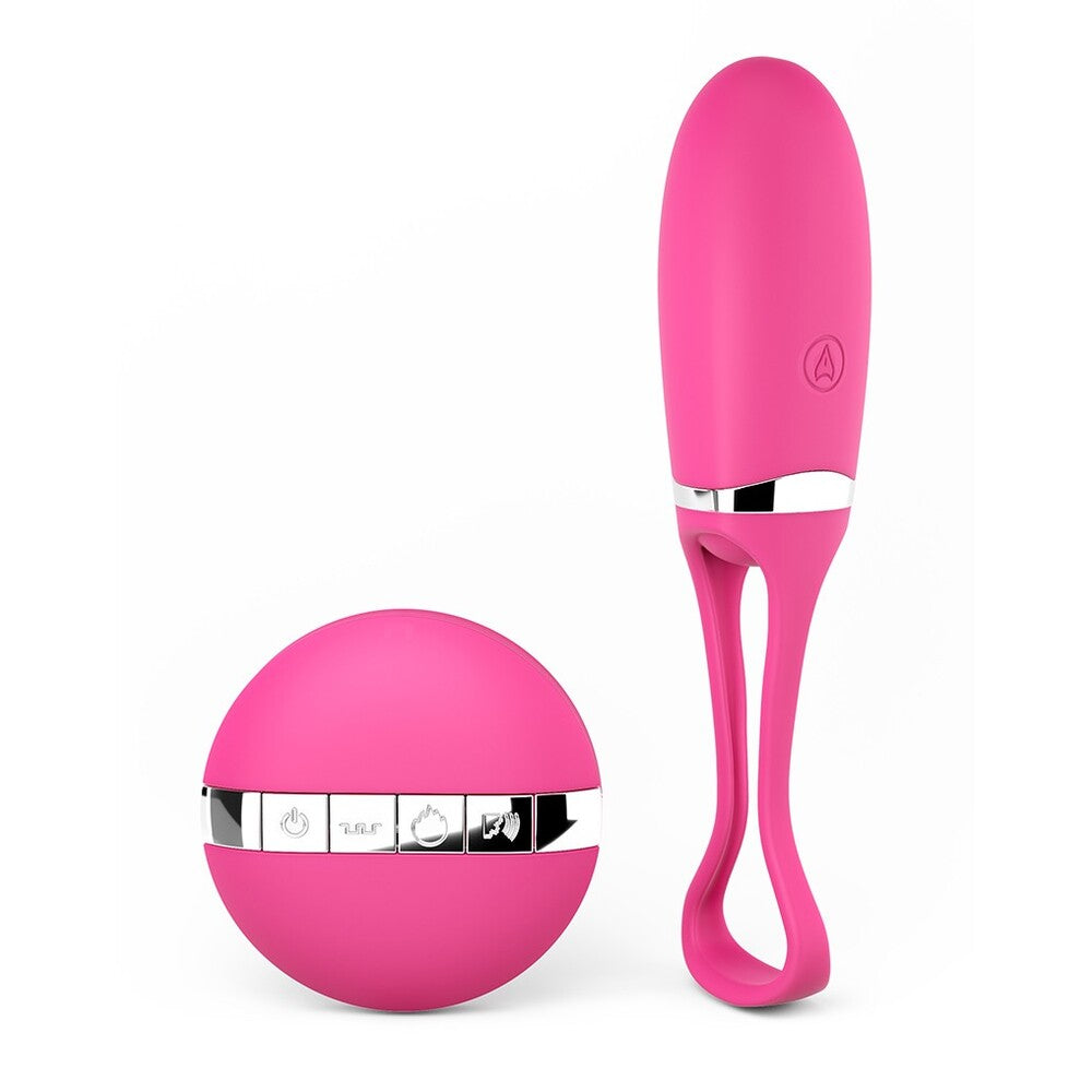 A pink remote control vibrating egg with a sleek design. The egg has a golden ring at the base and is paired with a matching pink remote control.