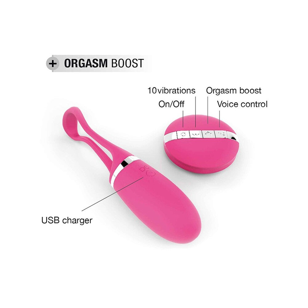 Pink electronic device with USB charger and orgasm boost feature on a white background.