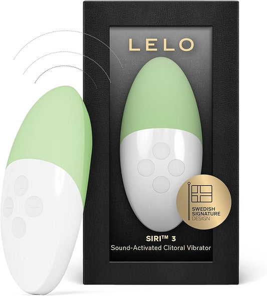 Green and white clitoral vibrator with packaging displaying 'LELO' brand on a white background