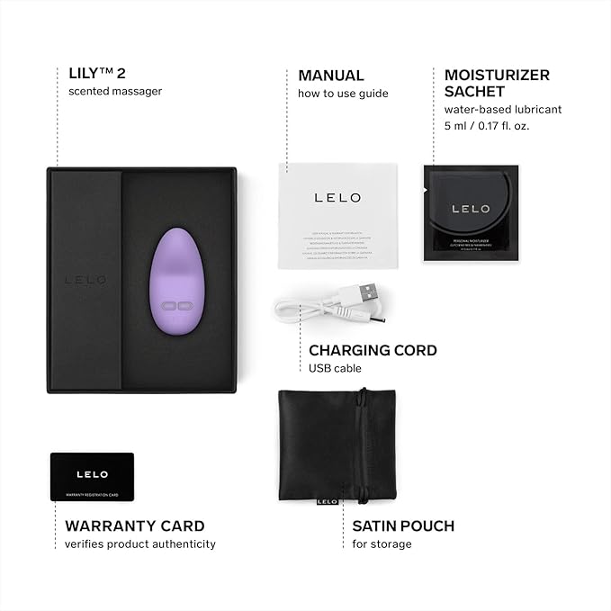 LELO Lily 2 scented massager packaging with components listed.