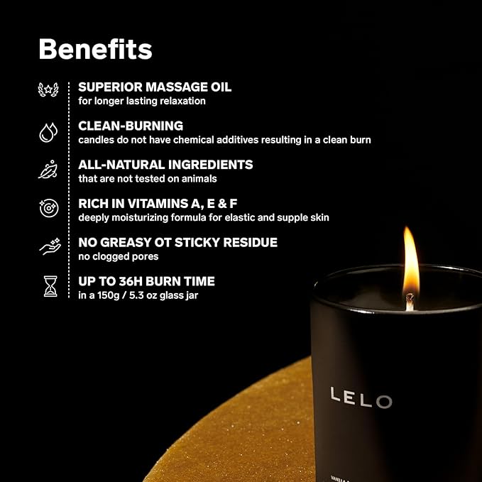 LELO candle with benefits listed on a black background