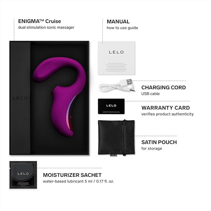 LELO Enigma Cruise packaging with components listed on a white background