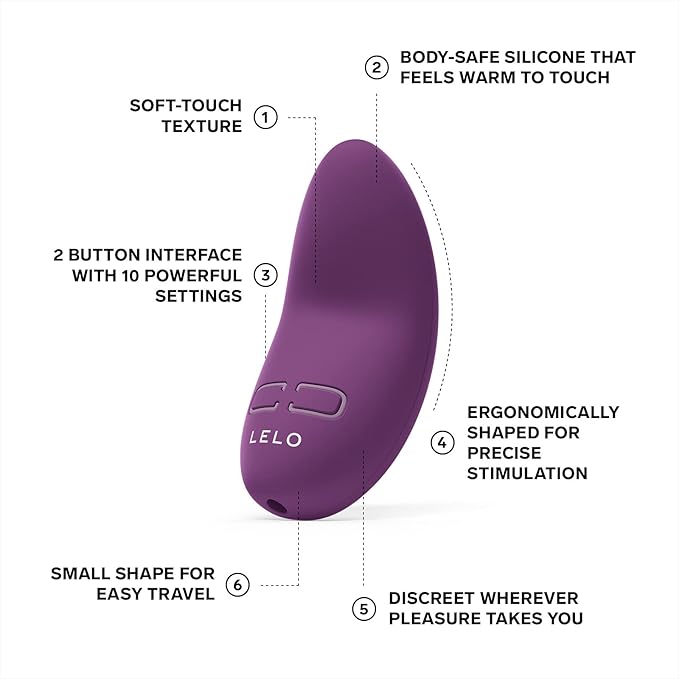 Purple LELO product with features highlighted on a white background