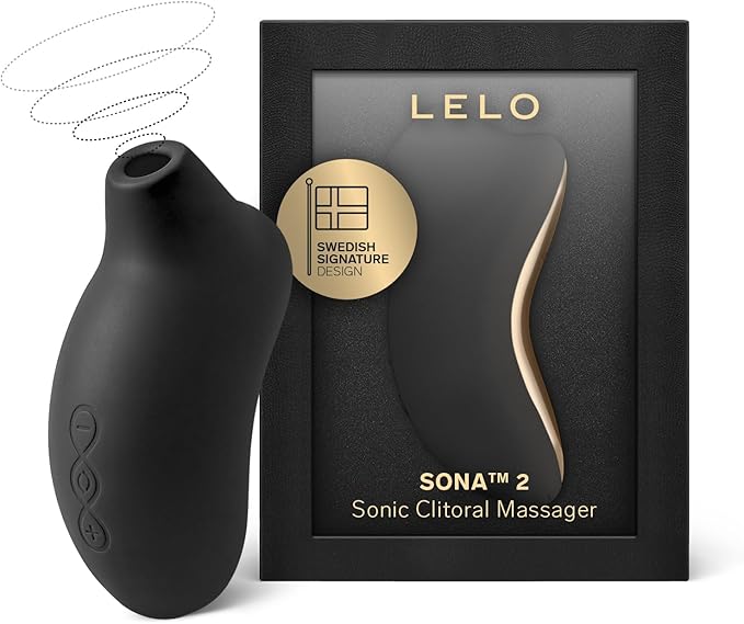 Black SONATM 2 Sonic Clitoral Massager by Lelo with packaging on a white background