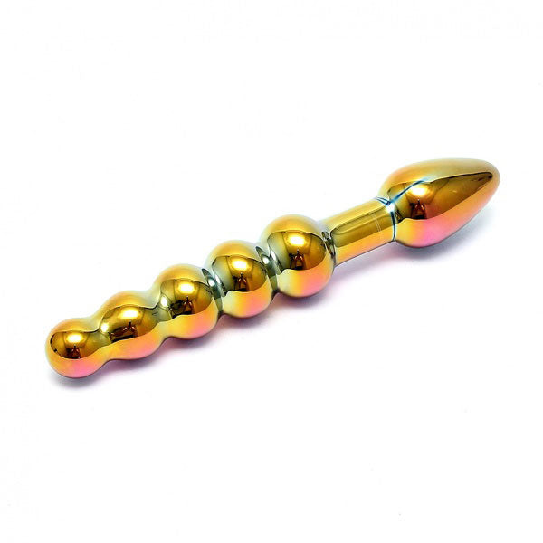 A double-ended anal probe with a bulbous shape tip and beaded end. The probe is gold in color with a shimmering finish, indicating it may change colors under different lighting.