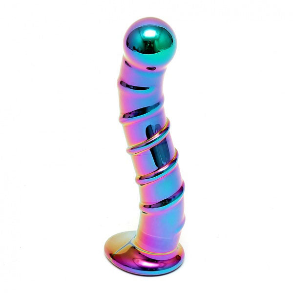 A multi-colored glass dildo with a slight bulbous tip and ribbed shaft. The dildo has a shiny, metallic sheen and appears to be curved.