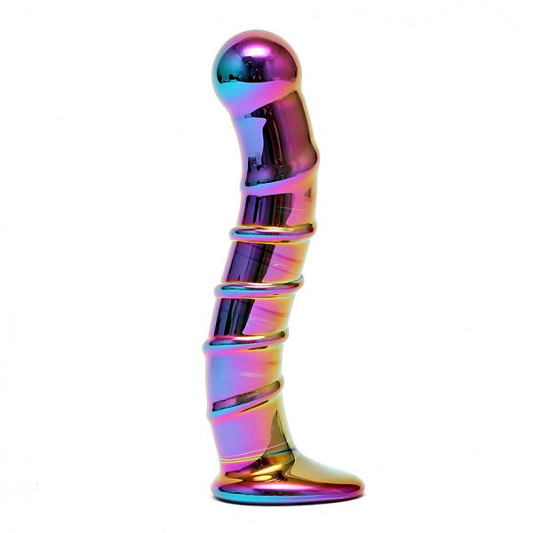 A multi-colored glass dildo with a slight bulbous tip and ribbed shaft. The dildo has a shiny, metallic sheen and appears to be curved.