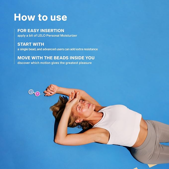 Woman in a yoga pose with text on how to use Lelo personal moisturizer on a blue background