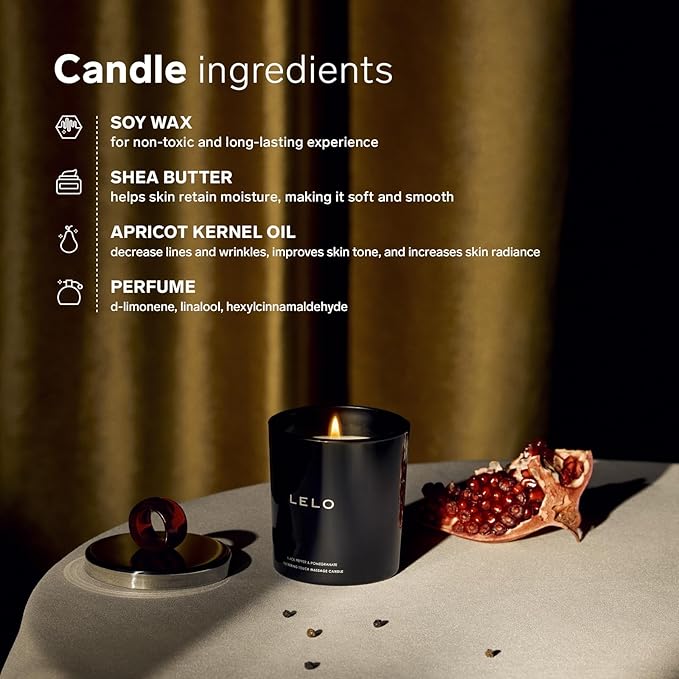 Candle with ingredients listed on a neutral background