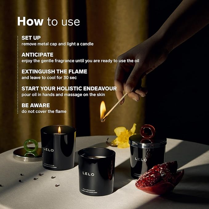 LELO candle with match and text on how to use it