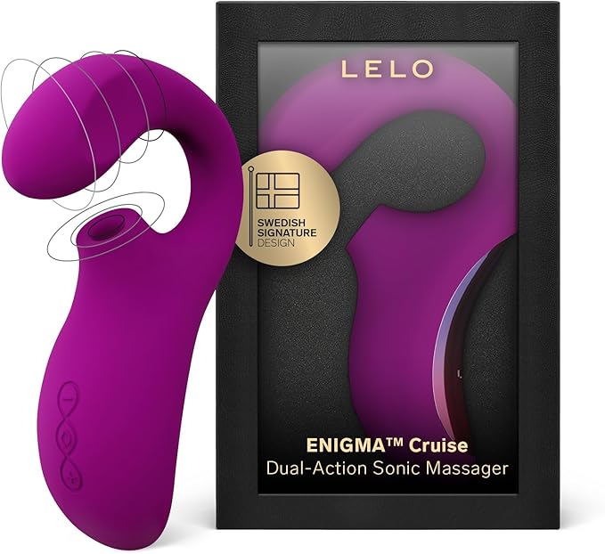 Purple and pink ergonomic internal stimulator with labeled features on a white background