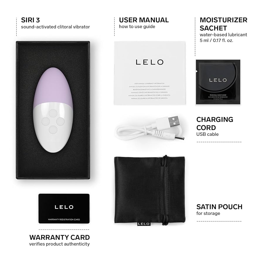 LELO product packaging with components listed on a white background