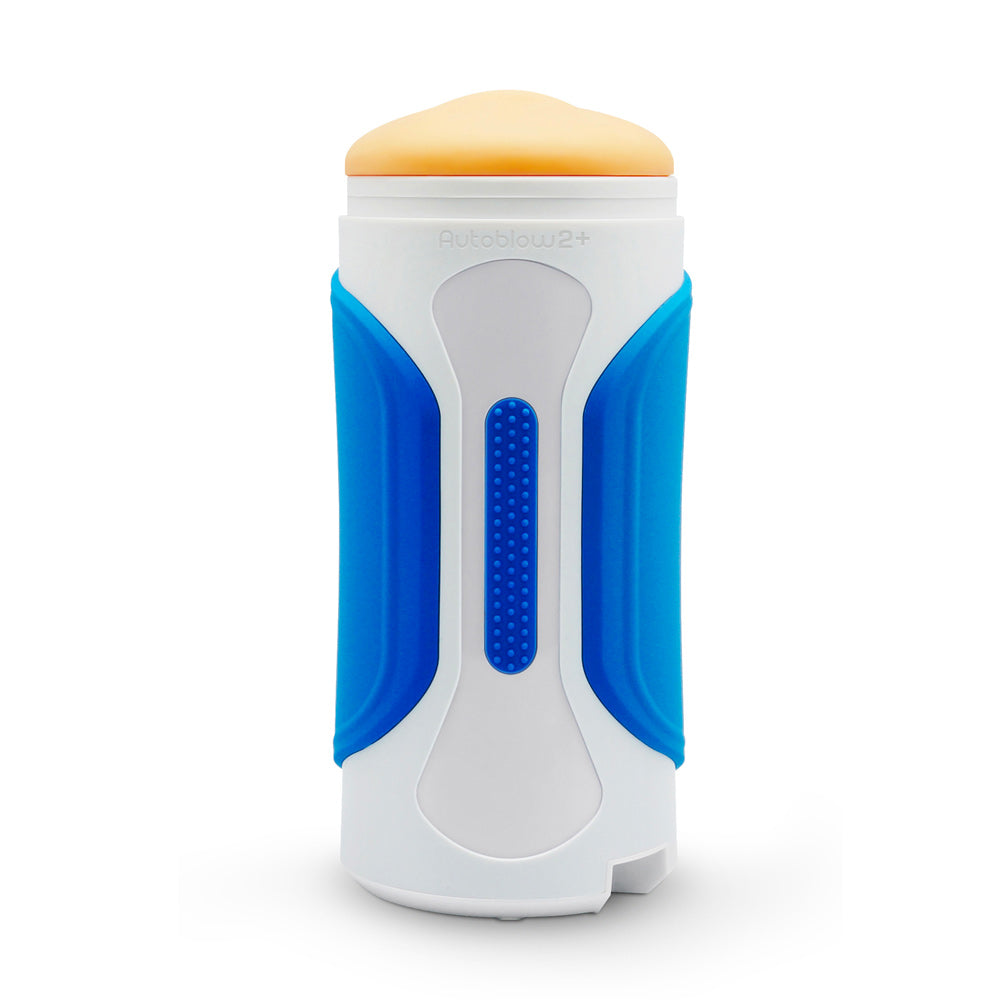 A cylindrical device with a white body, blue accents, and a beige-colored nozzle on the top. The device has a sleek, modern design and appears to be compact and portable.