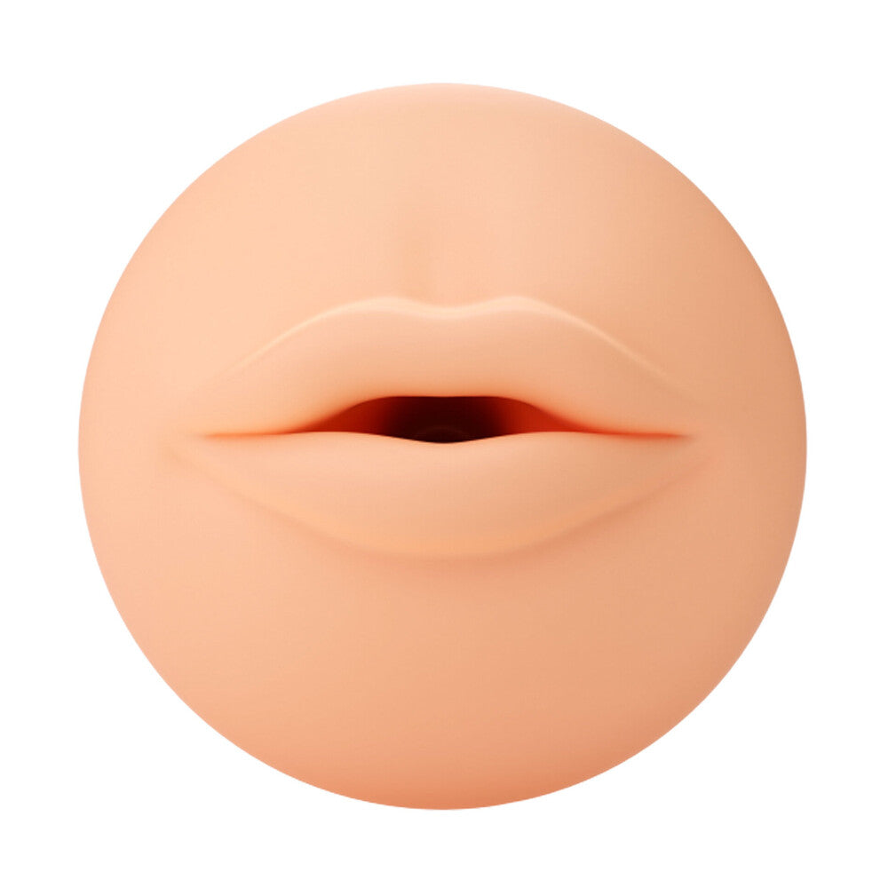 A flesh-pink mouth-shaped sleeve, designed to be inserted into a masturbator. The sleeve has a smooth texture and a realistic appearance, with an open mouth design at the top.