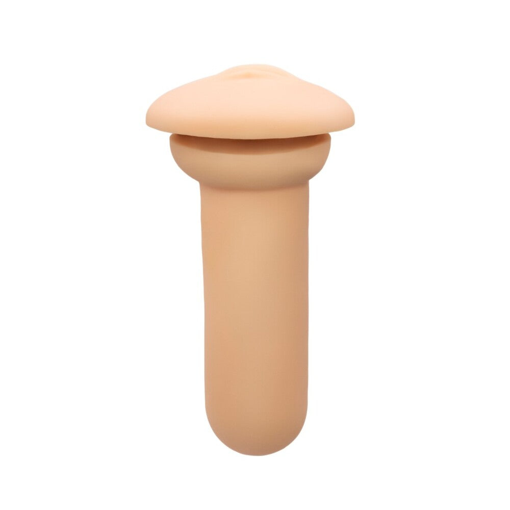 Beige cylindrical object with a conical top on a white background