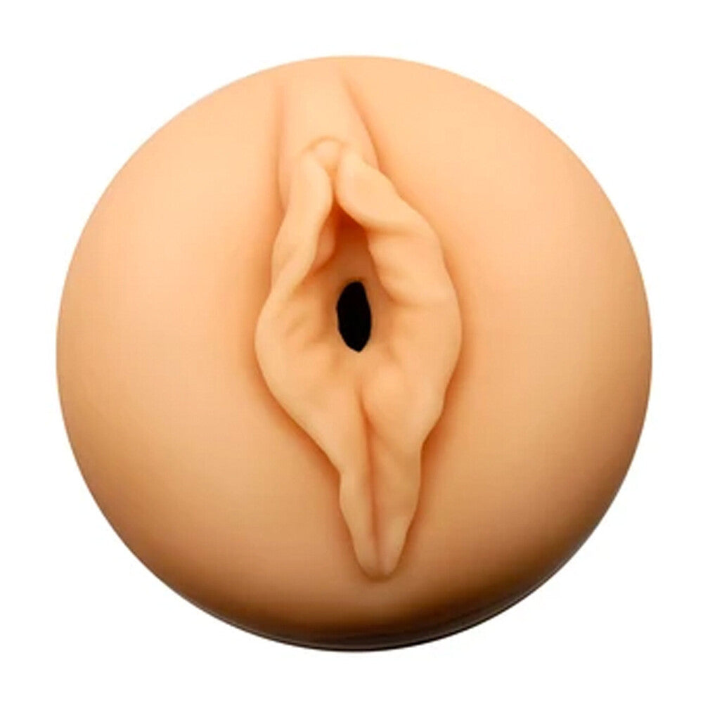A close-up image of a lifelike, textured silicone sleeve designed to simulate a vagina for use with the Autoblow 2 machine. The sleeve is flesh-colored and features an anatomical design.