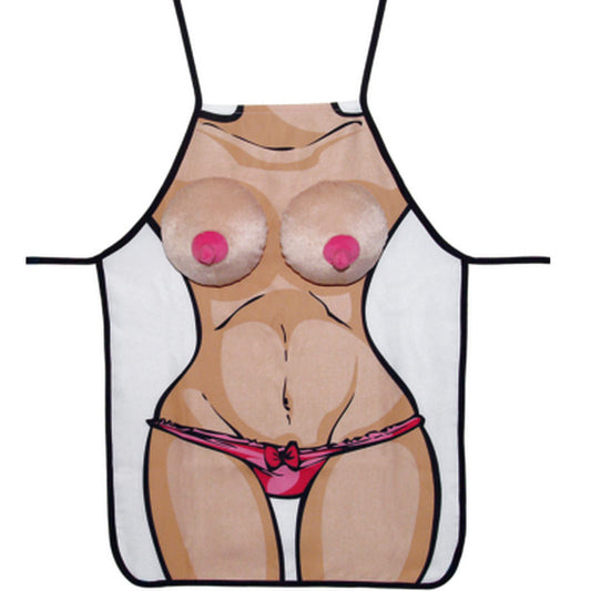 This image displays an apron featuring a cartoon female body with exaggerated, soft cushioned breasts. Designed predominantly in shades of beige and white, the apron includes a pair of large, pink-tinted breasts and a small, detailed bikini bottom, adding a playful touch.