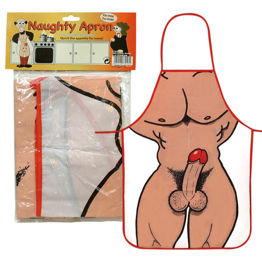 The image shows a packaged apron designed with a humorous male figure print. The apron is flesh pink with red trim and includes a hood.