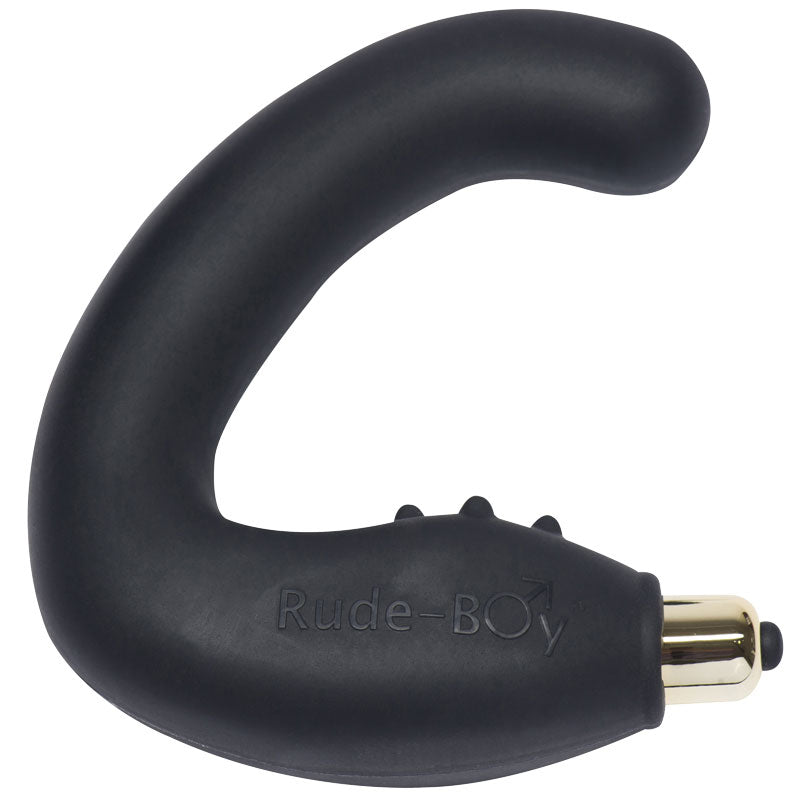 Black curved object with 'Rude Boy' branding on a white background