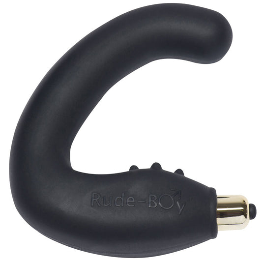 Black curved object with 'Rude Boy' branding on a white background