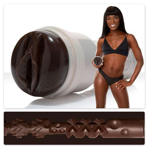 The image shows a product called the Ana Foxxx Silk Fleshlight Girl Masturbator, a cylindrical white container with a realistic flesh-colored end, and a woman posing in a bikini holding the product.