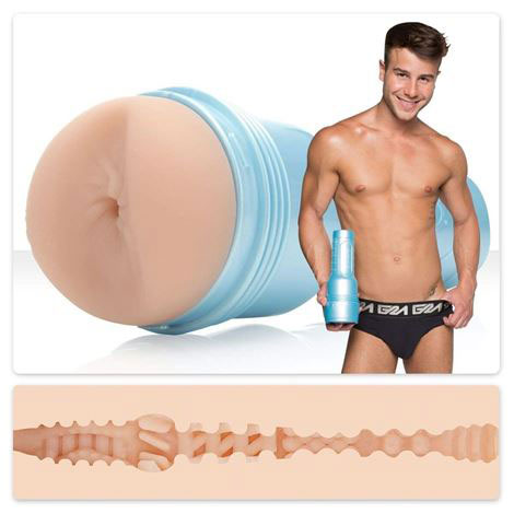 A male model posing next to the Fleshjack Boys Allen King Masturbator, with a close-up inset of the product's internal texture.