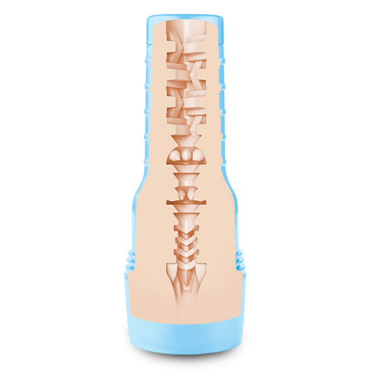 A large, blue cylindrical device with a realistic pink anal orifice, alongside a photo of a man holding the product. A cross-section view of the internal texture is also shown.