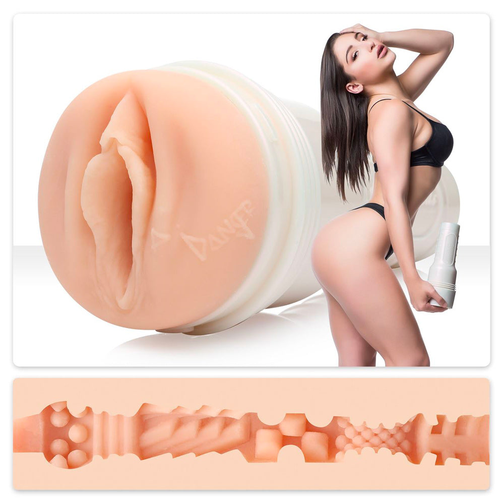 The image shows a white Fleshlight Girls product, a realistic masturbator designed to replicate the intimate feel of an adult model. It features a detailed, textured interior and comes in a flesh pink color.