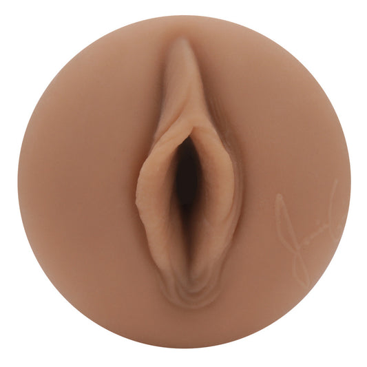 The image shows a white masturbator designed to resemble the intimate parts of an adult film star, in this case, Janice Griffith. The product has a realistic flesh brown color and features a detailed internal texture.