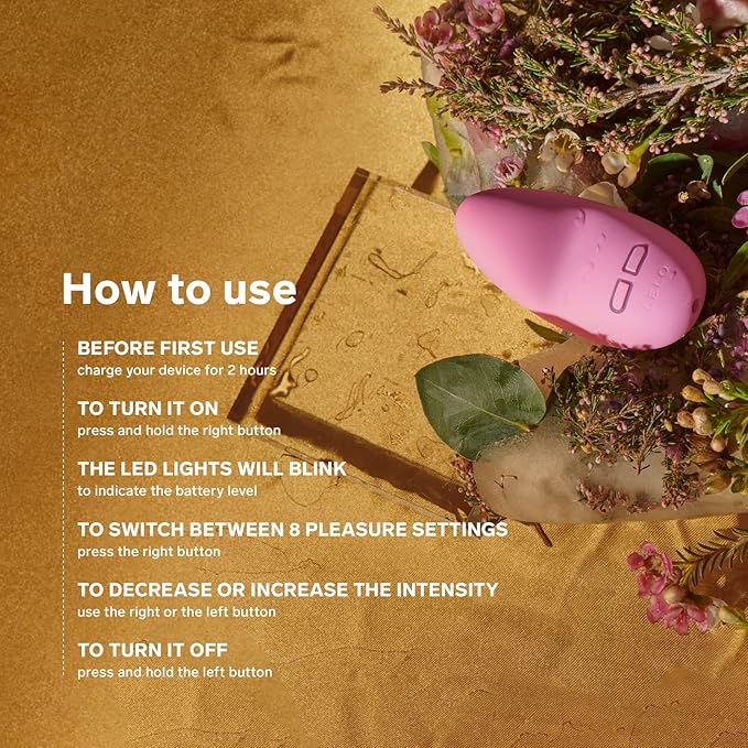 Pink electronic device with floral arrangement on a textured surface, accompanied by usage instructions.