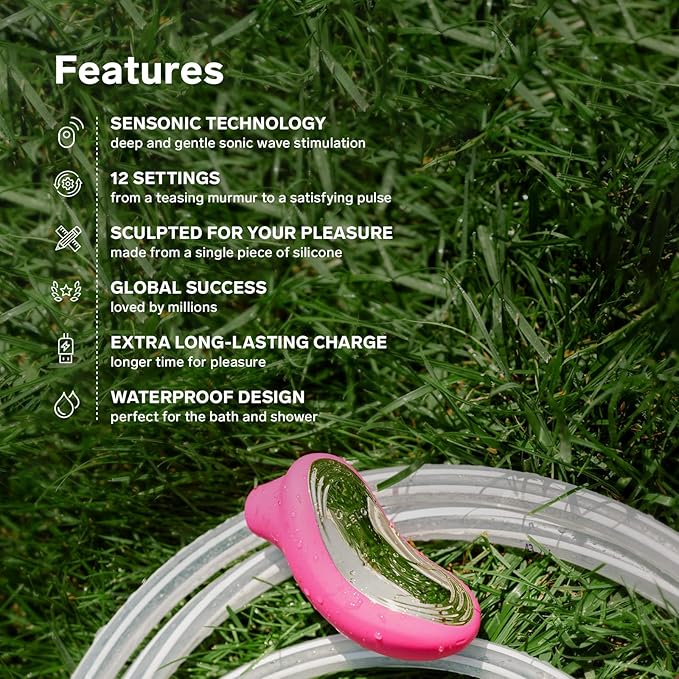 Product with features listed on a grass background