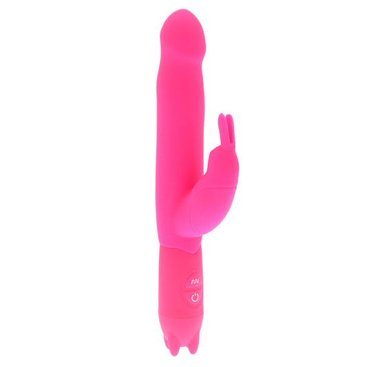 A pink Joy Rabbit Vibrator with a slender shaft and a realistic tip. It has a rabbit-style clitoral stimulator with soft, fluttering ears and control buttons on the base.