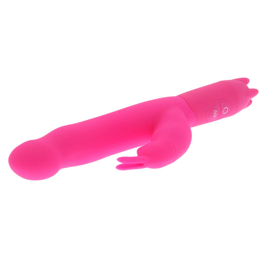 A pink Joy Rabbit Vibrator with a slender shaft and a realistic tip. It has a rabbit-style clitoral stimulator with soft, fluttering ears and control buttons on the base.