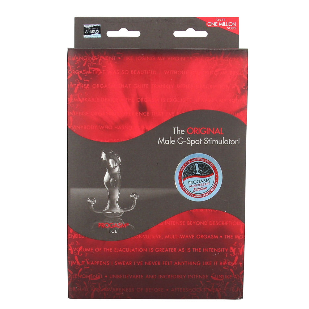 Red and black packaging of a male G-Spot stimulator with text and graphics.