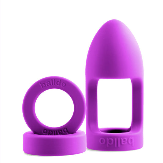 Purple silicone ring and butt plug set on a white background