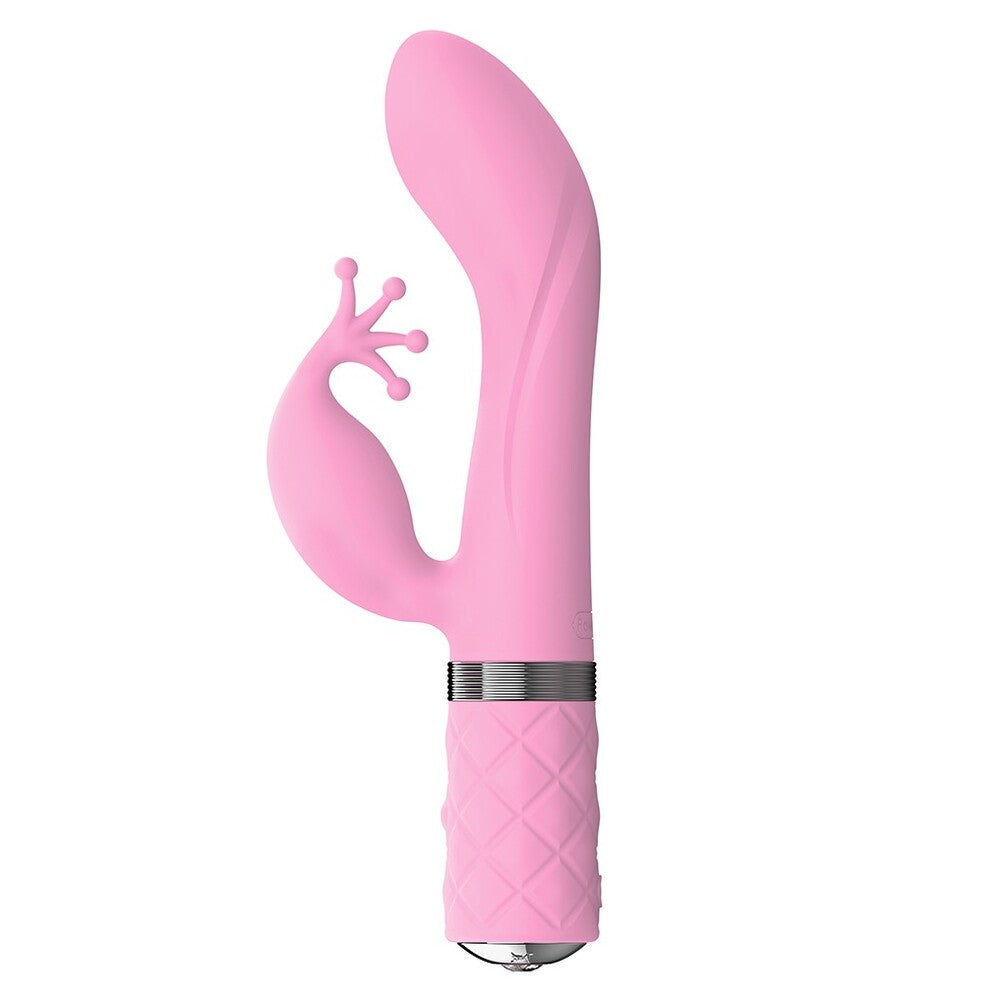 A pink dual motor vibrator with a curved design and a small protrusion on the side. The handle has a textured grip and a Swarovski crystal detail.