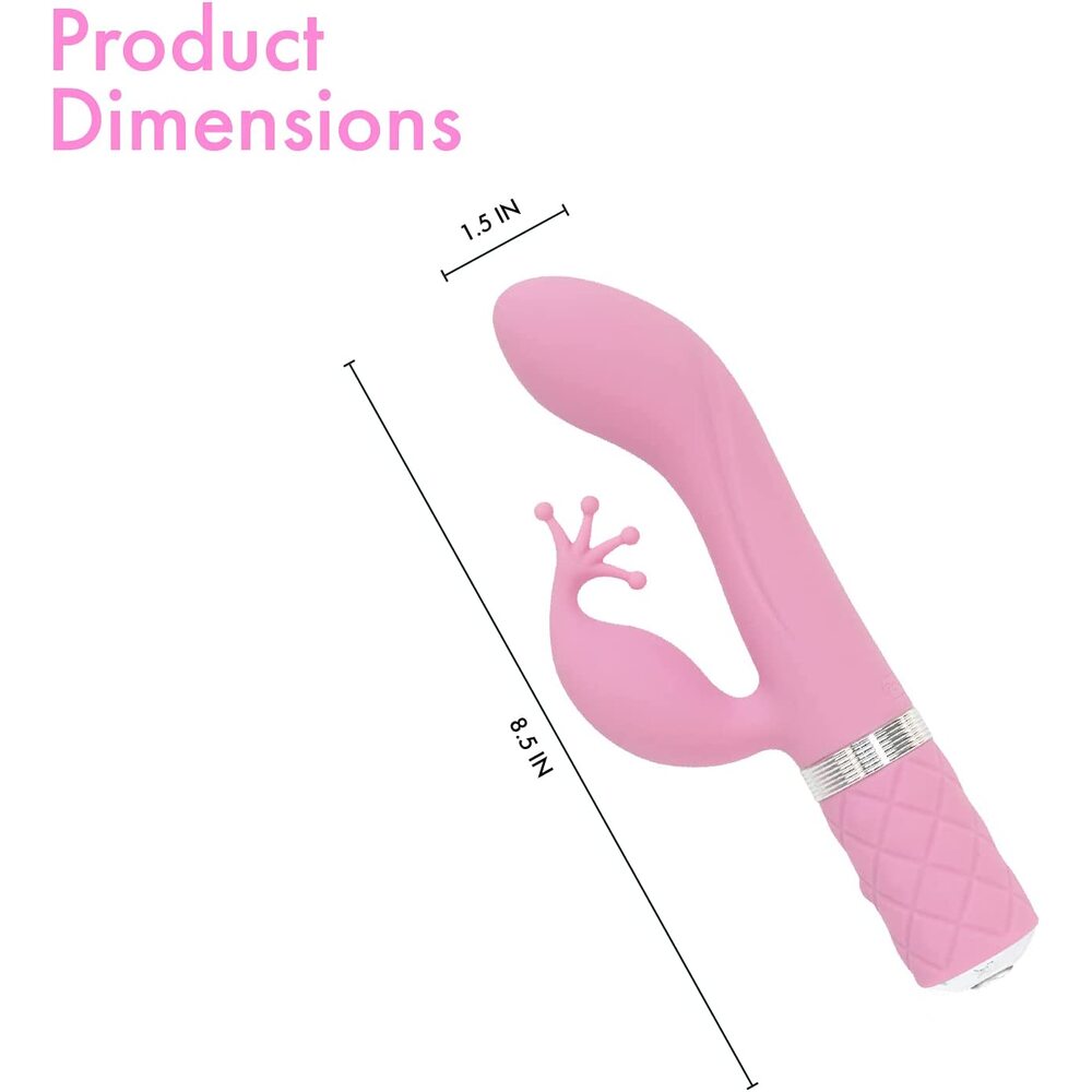 A pink dual motor vibrator with a curved design and a small protrusion on the side. The handle has a textured grip and a Swarovski crystal detail.