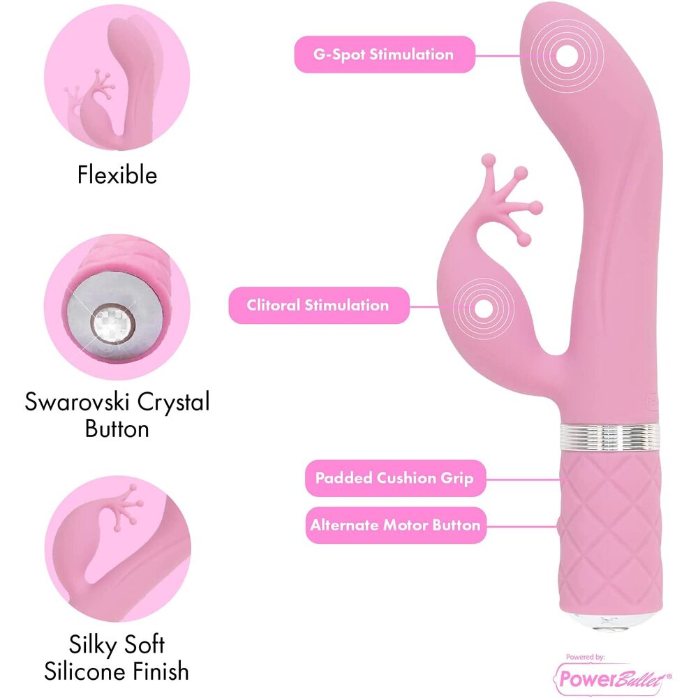 A pink dual motor vibrator with a curved design and a small protrusion on the side. The handle has a textured grip and a Swarovski crystal detail.