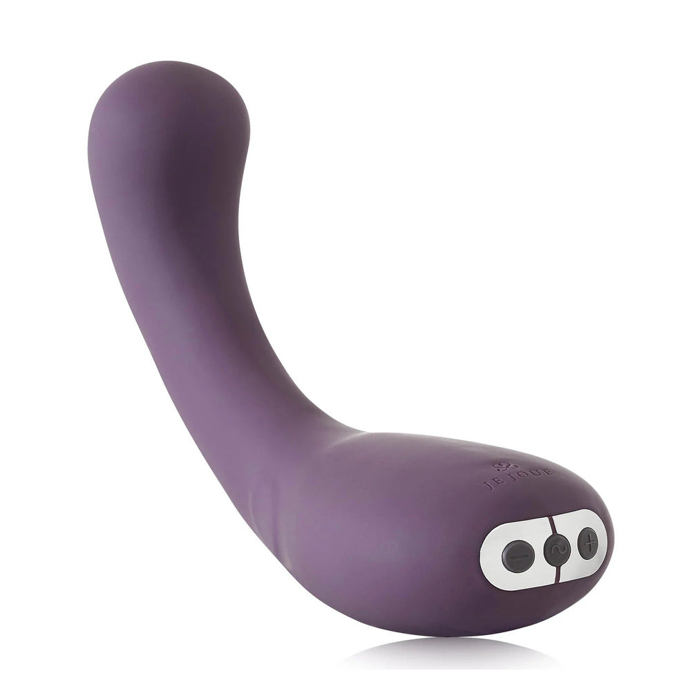 A purple, curved silicone stimulator with a smooth surface, featuring a button on its base for power control.