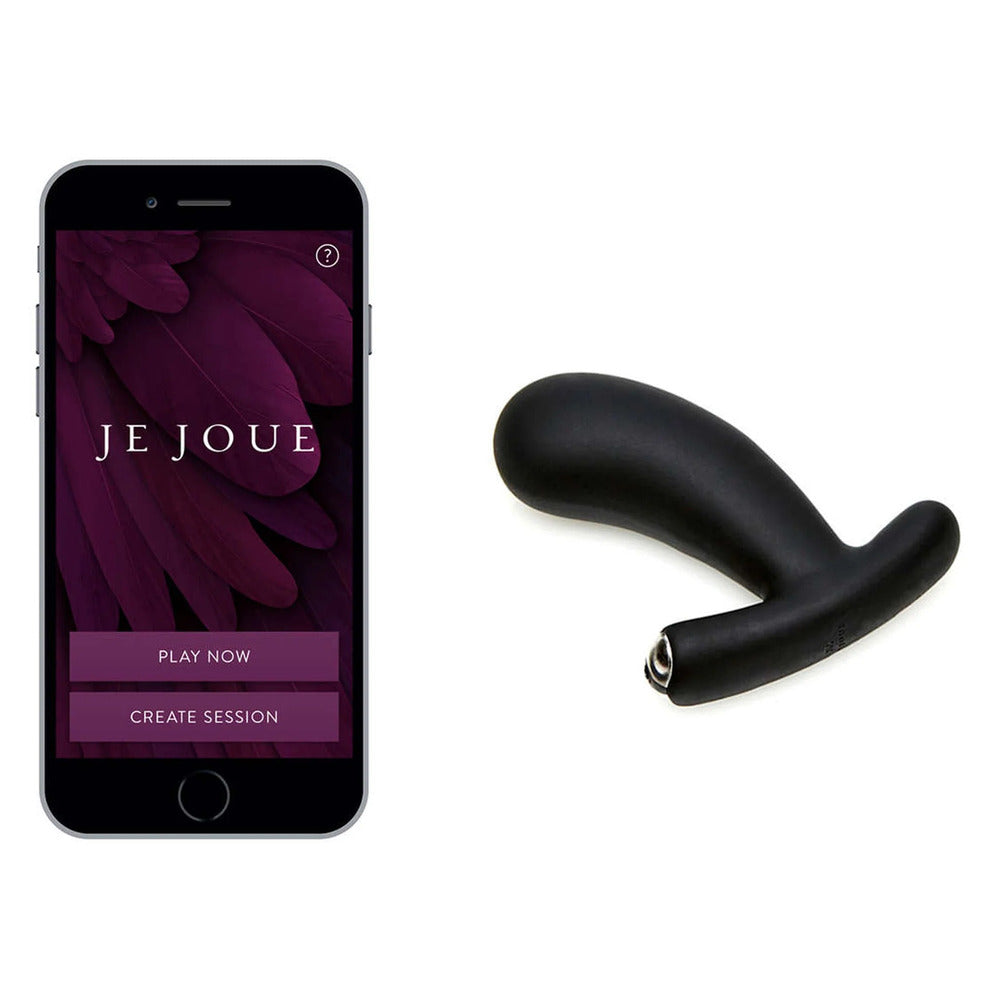 A black, curved butt plug next to a smartphone displaying the Je Joue app interface.