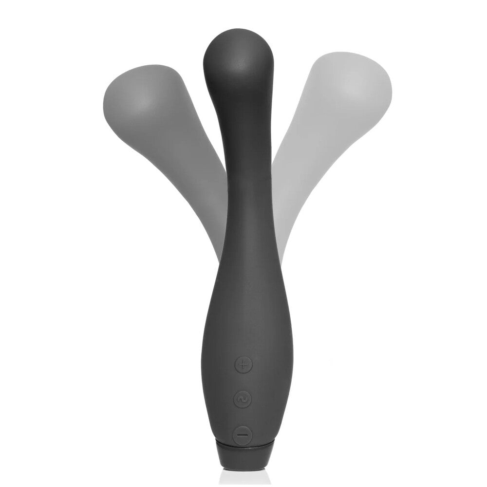 A sleek, black G-spot vibrator with a curved tip and smooth surface, designed for powerful stimulation.